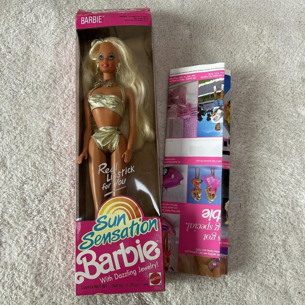 Barbie 1991 Sun Sensation Blonde Doll Gold Bikini & Brush Mattel 1390 READ